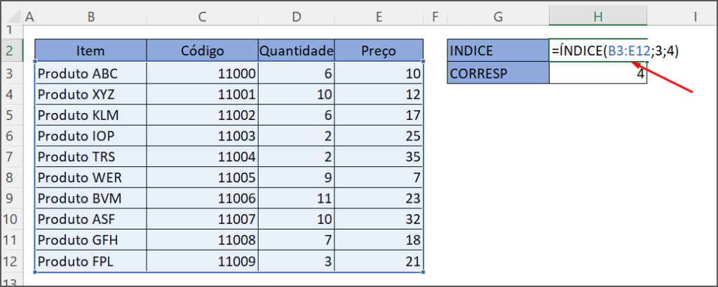 Função Índice Excel